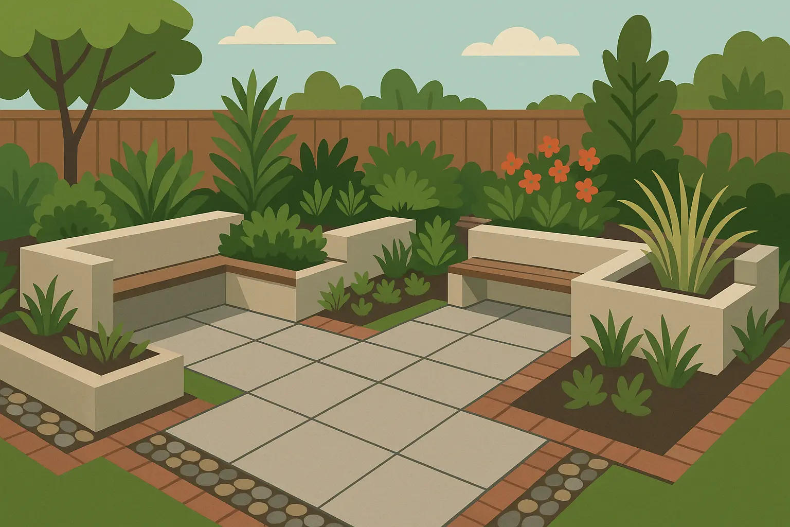 Mixed material patio integration with borders and planters