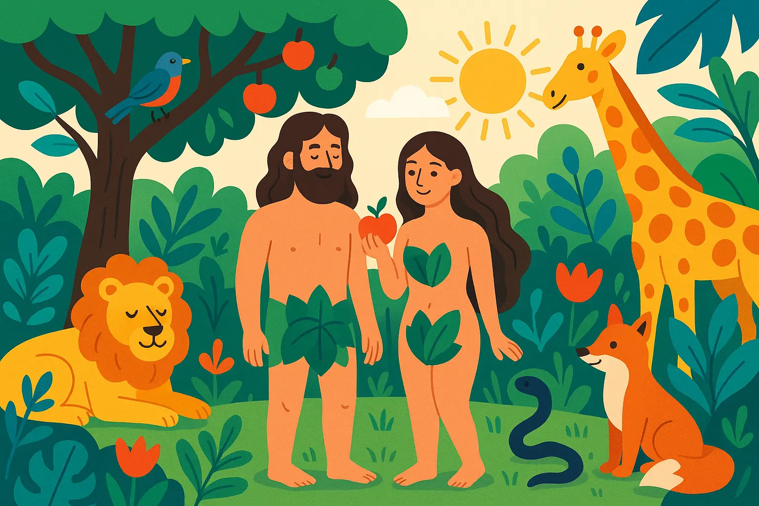 Creation story with diverse animals and natural beauty