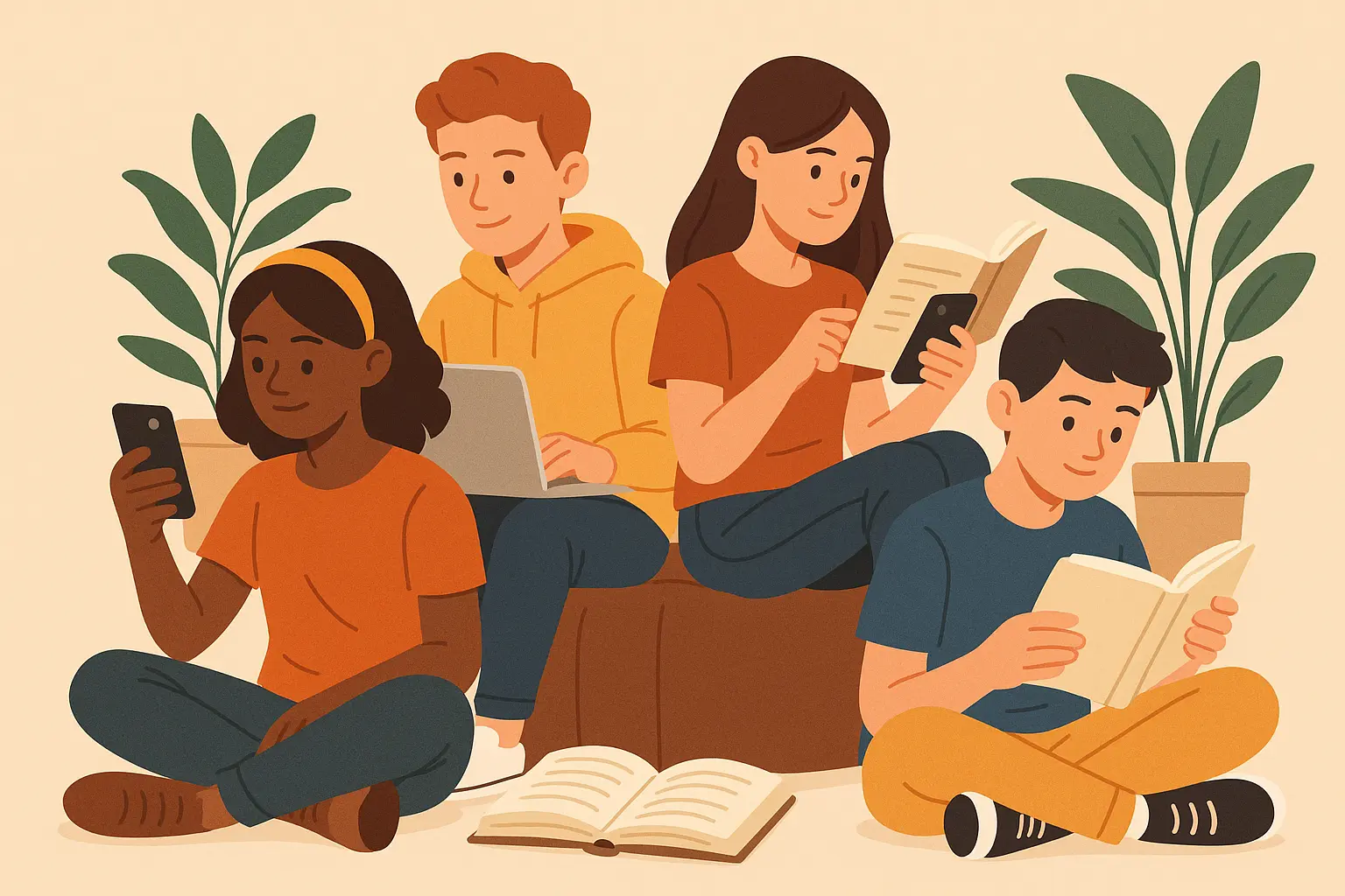 Diverse group of teenagers reading books together