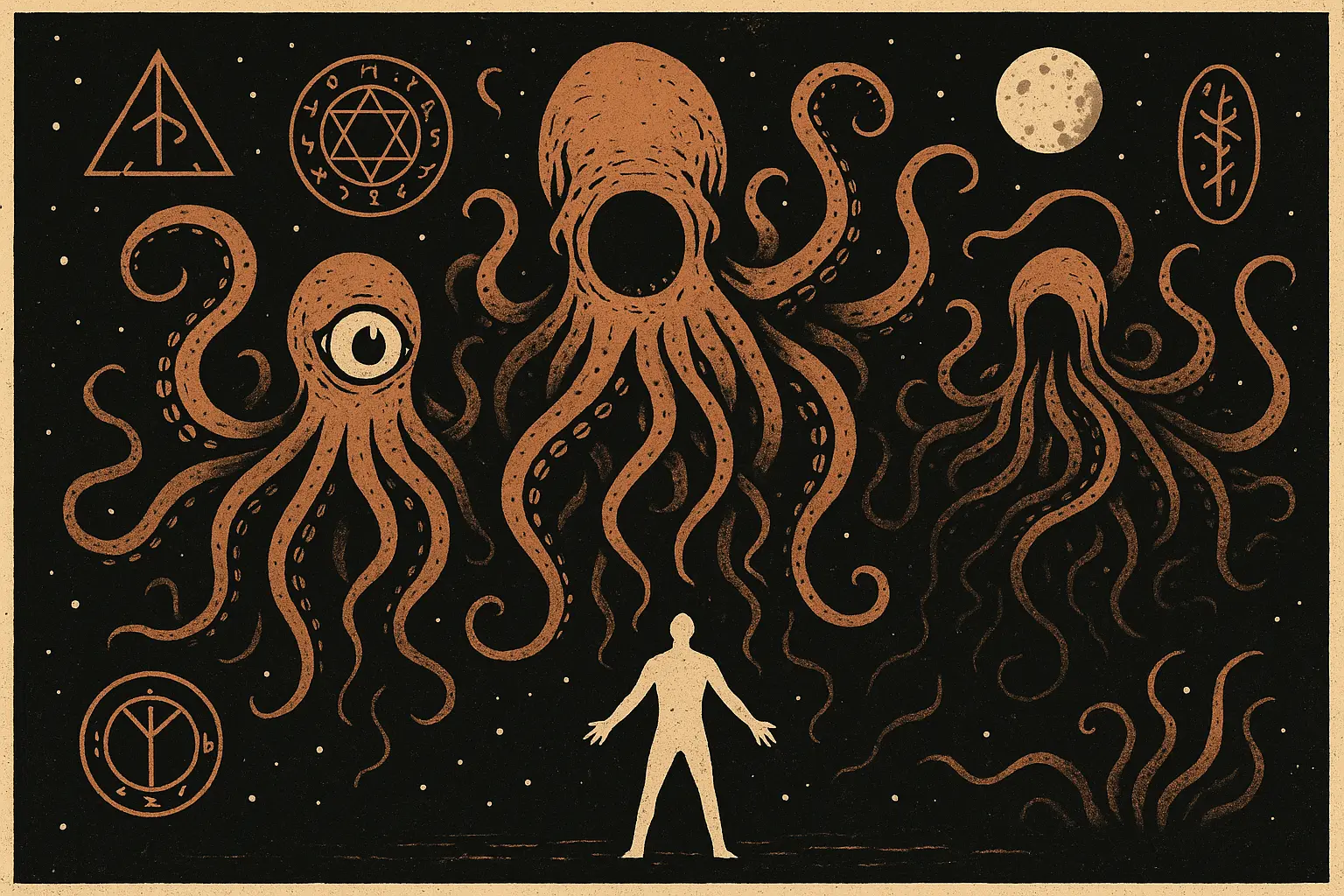 Cosmic horror with ancient entities and otherworldly atmosphere