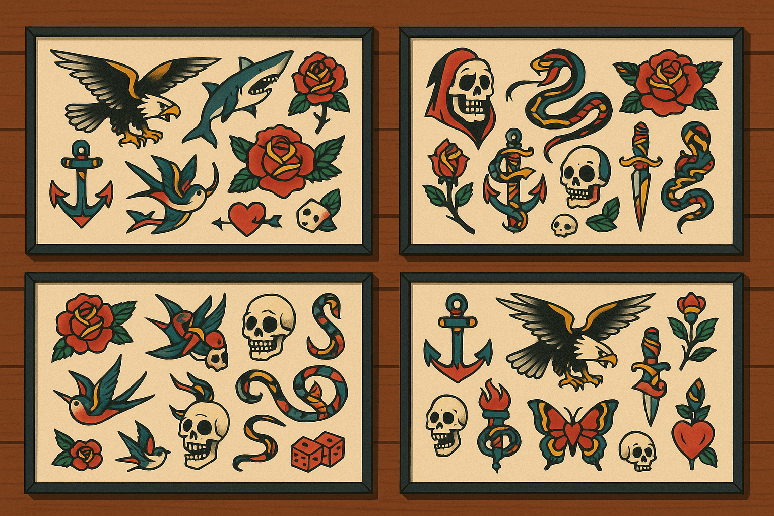 Traditional tattoo flash sheets displayed on tattoo shop wall