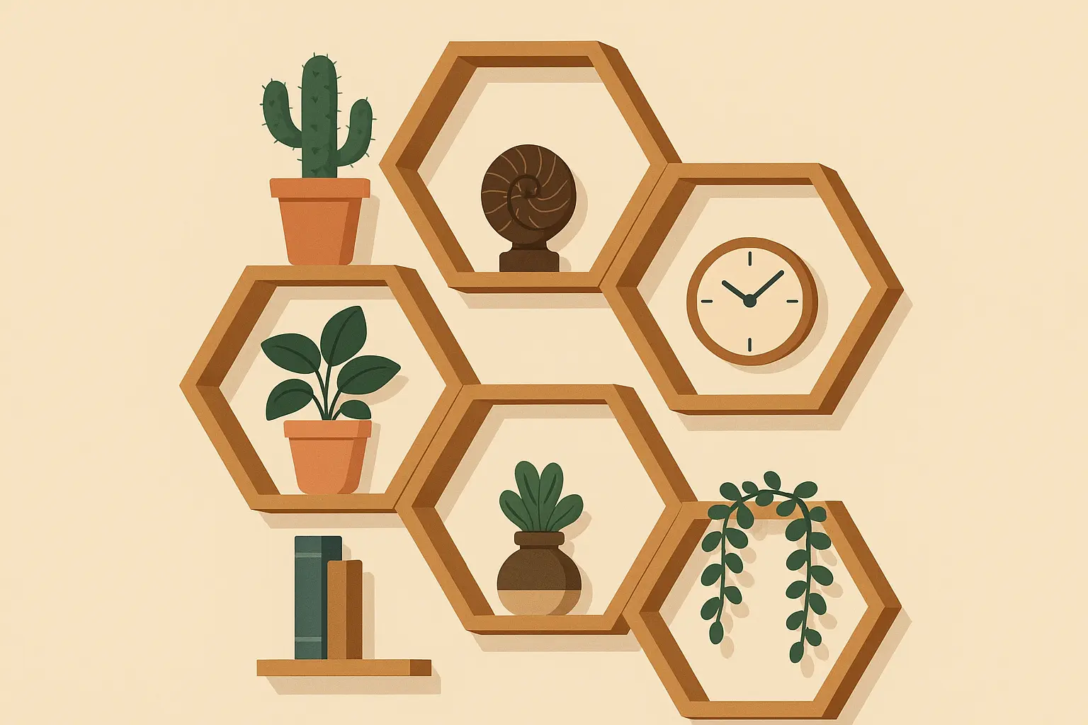 Creative hexagonal corner shelf display with plants