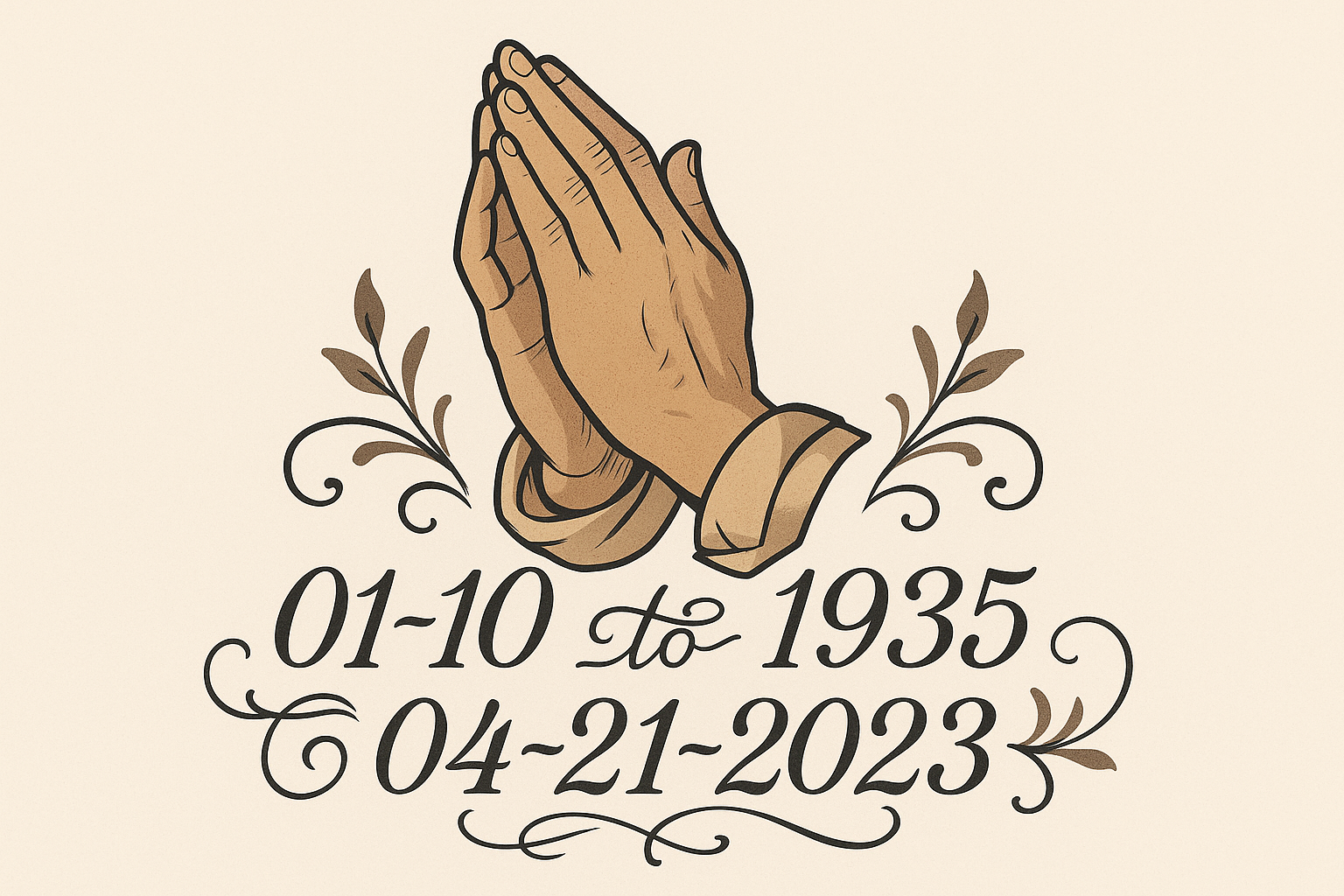 Memorial praying hands with dates