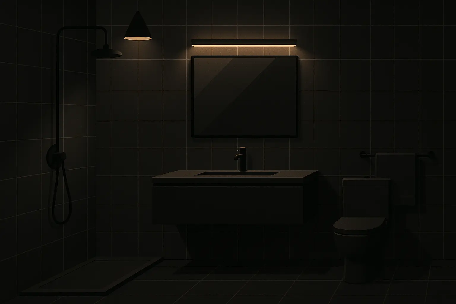Bold black bathroom with dramatic lighting