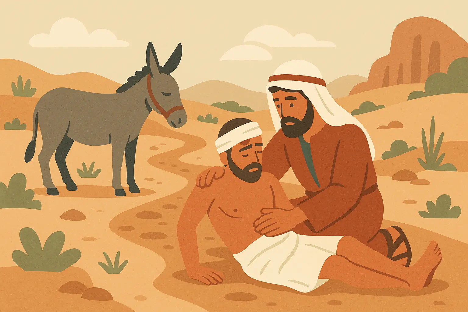 Good Samaritan helping injured traveler with compassion