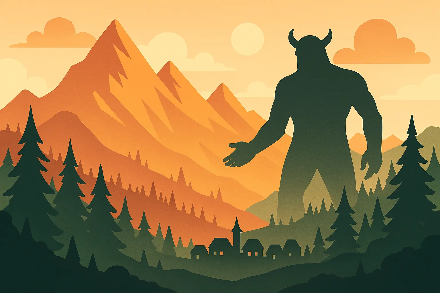 Fantasy landscape with towering female figure overlooking magical realm