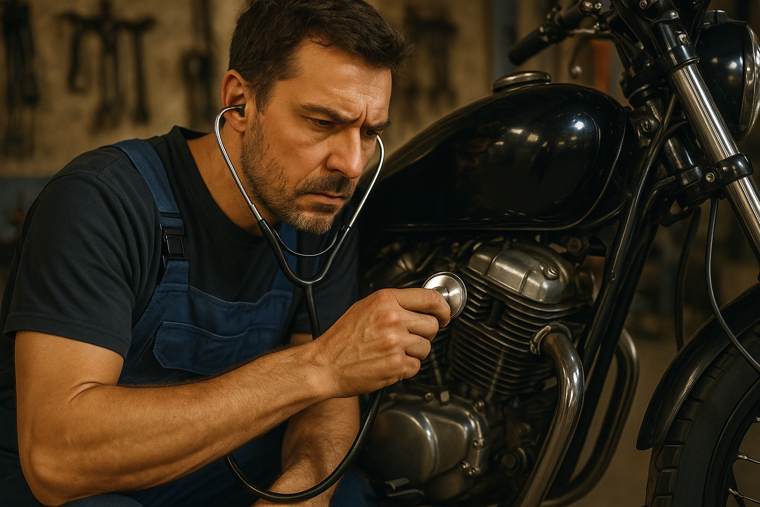 Motorcycle mechanic using sensory diagnostic skills