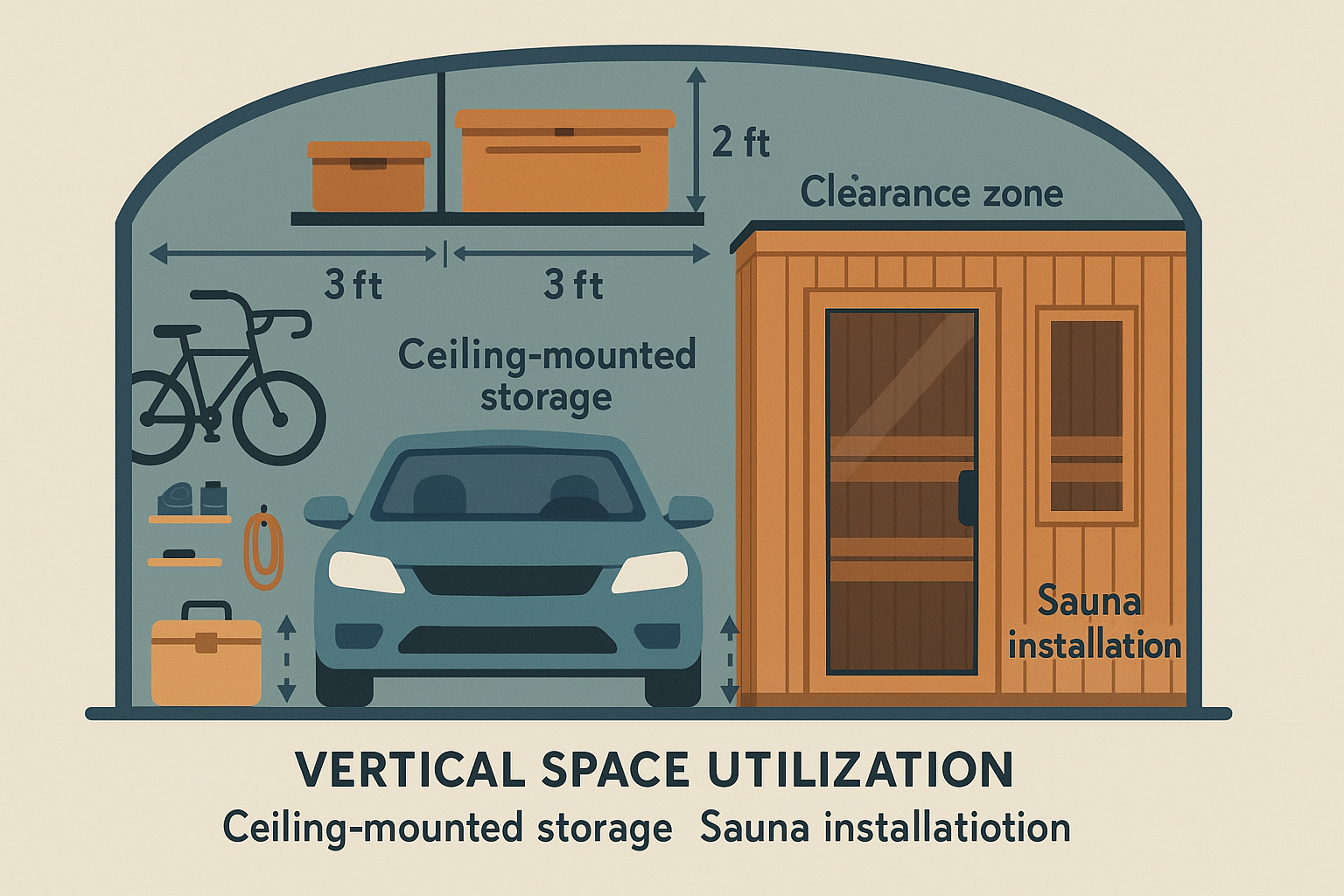 Vertical space maximization in garage sauna design