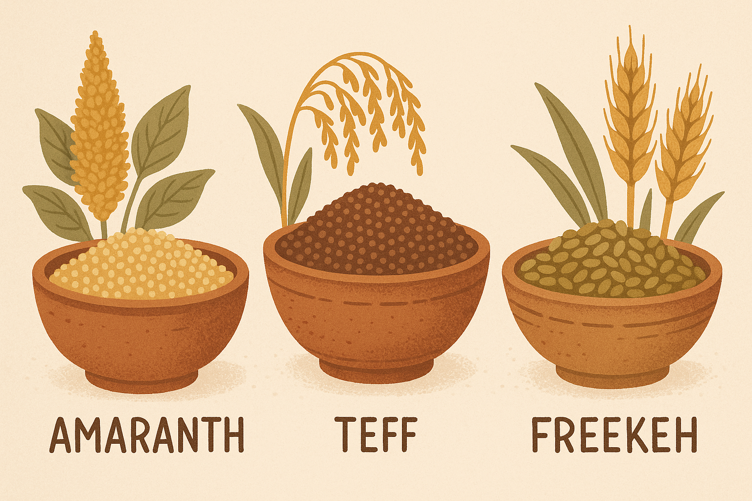 Ancient grains displayed in wooden bowls
