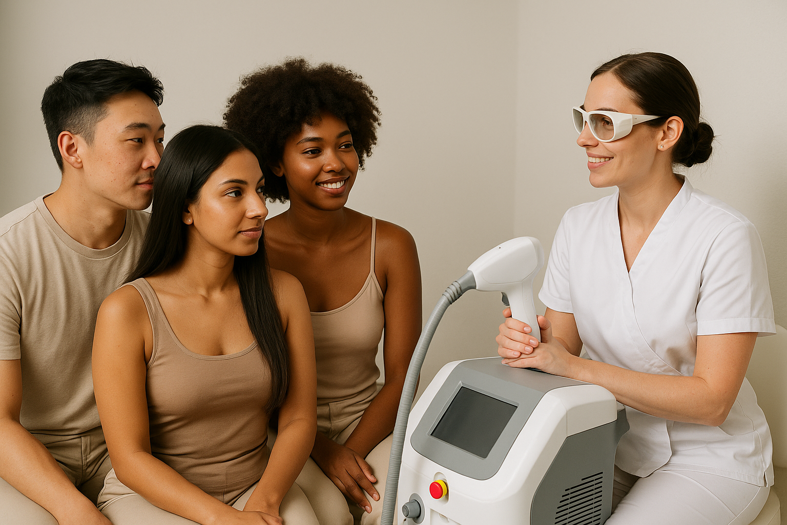 Diverse clients receiving laser treatments
