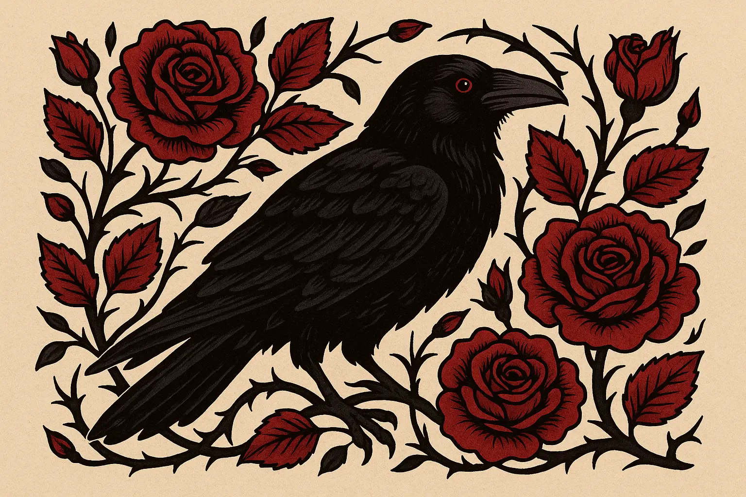 Raven tattoo with floral elements