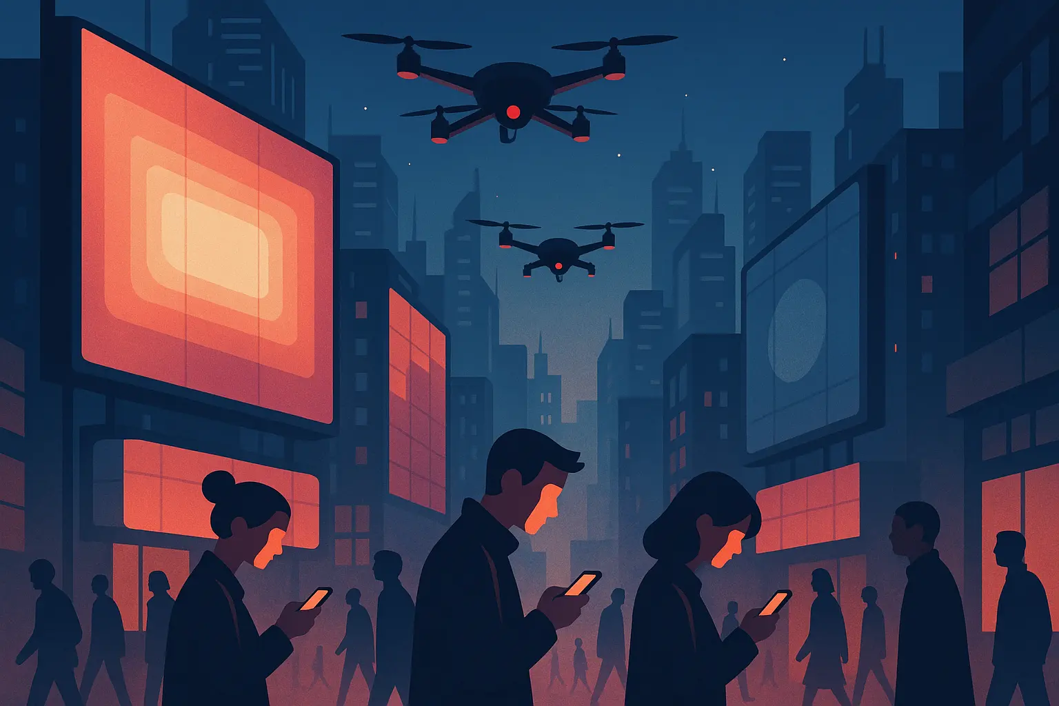 Futuristic cityscape with surveillance cameras and digital screens