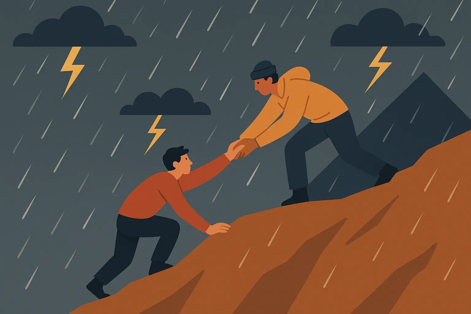 Mountain climber helping another person in snowy conditions