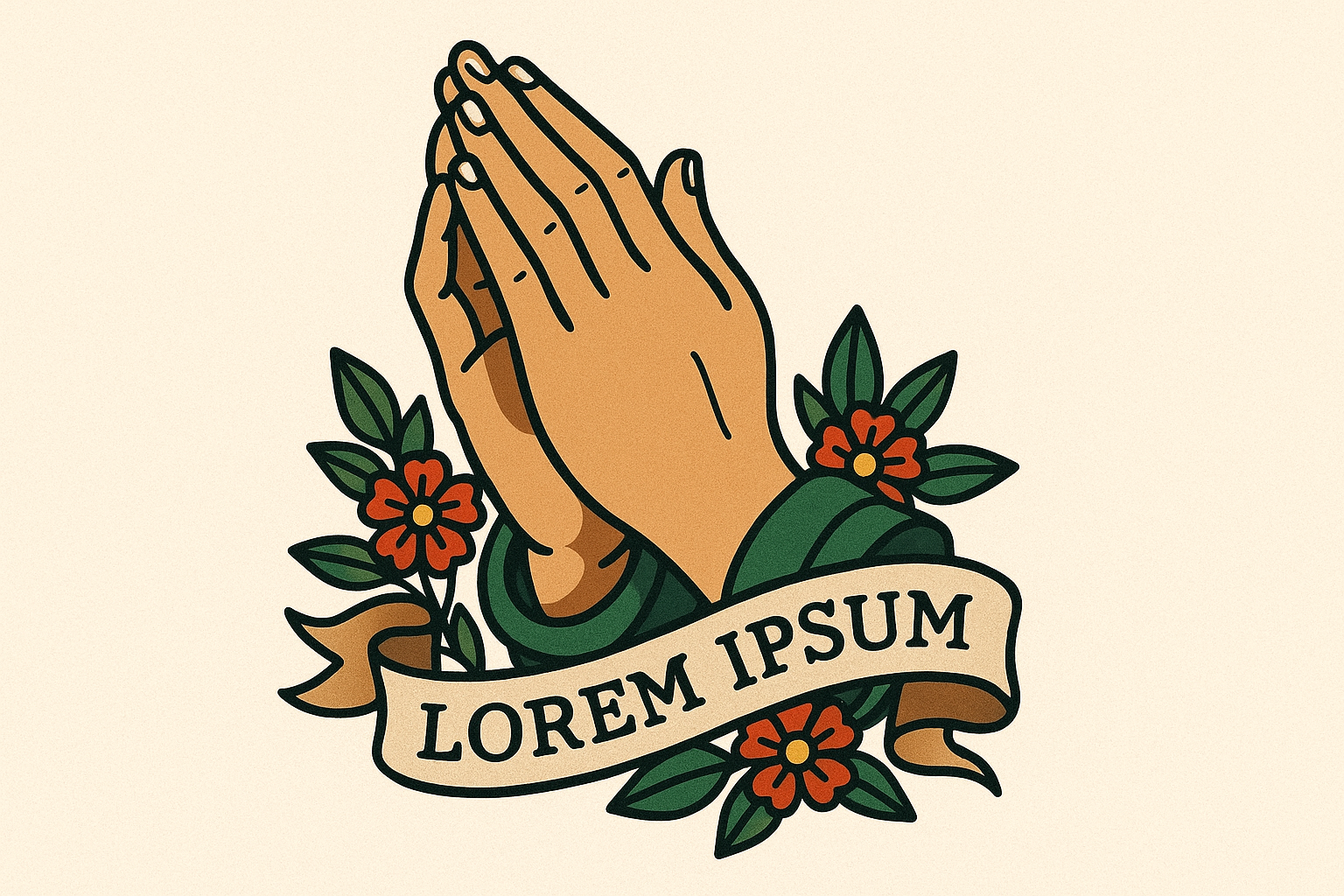 Traditional praying hands with banner text