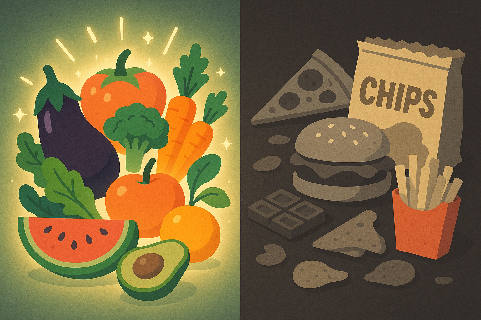 Fresh organic vegetables glowing with biophoton energy