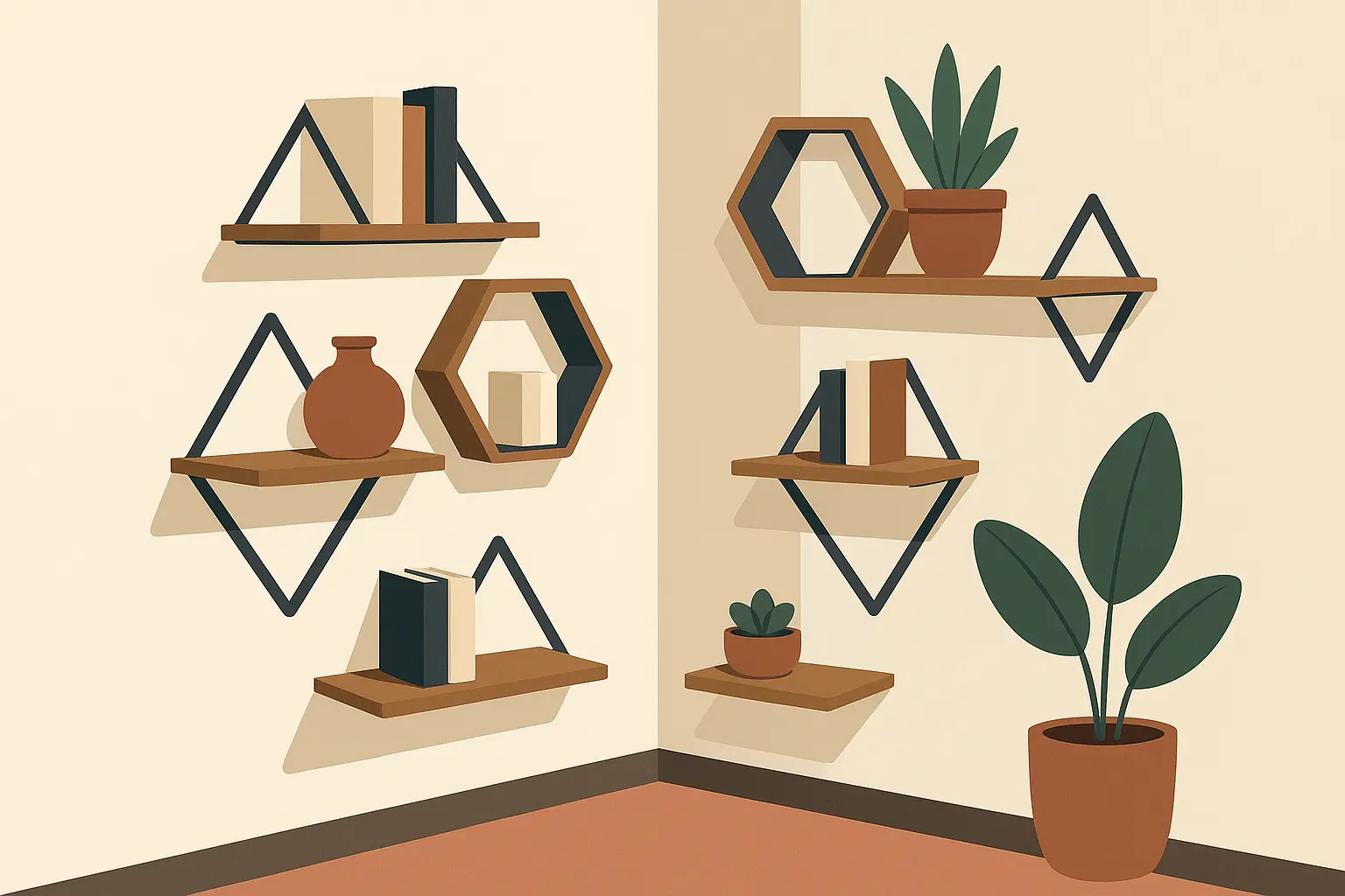 Floating corner shelves with modern geometric design