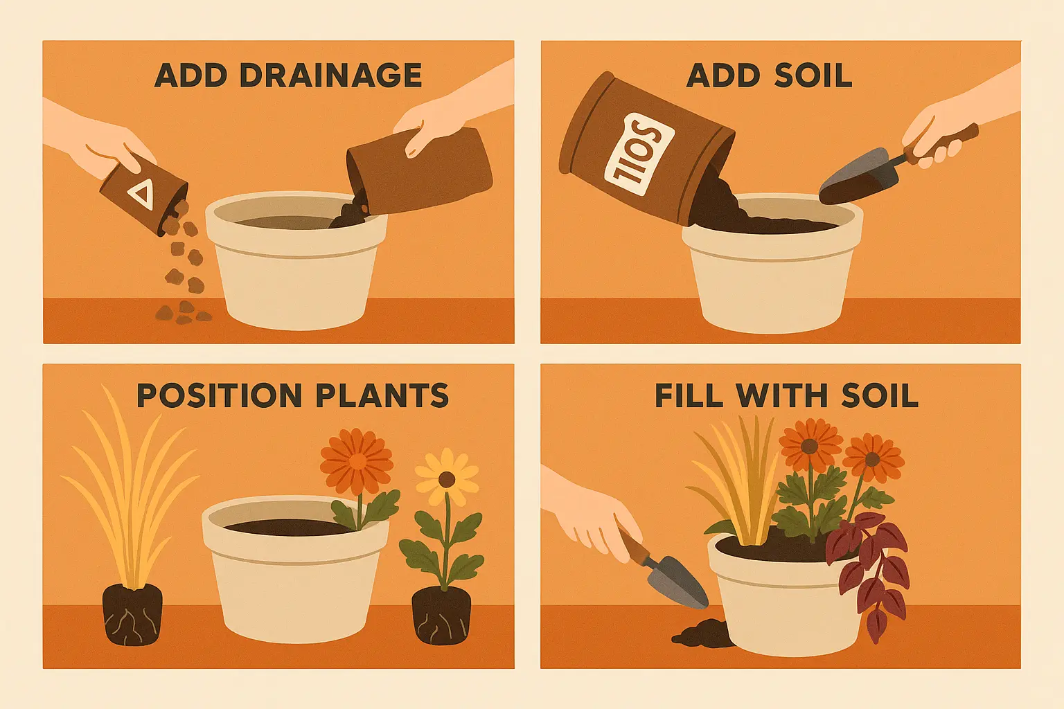 Step-by-step container garden setup showing proper soil and drainage techniques