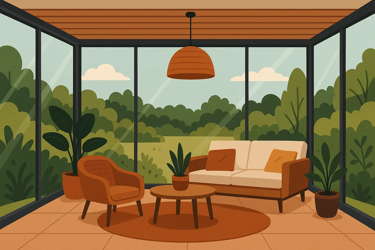 Modern enclosed patio with glass panels and comfortable seating