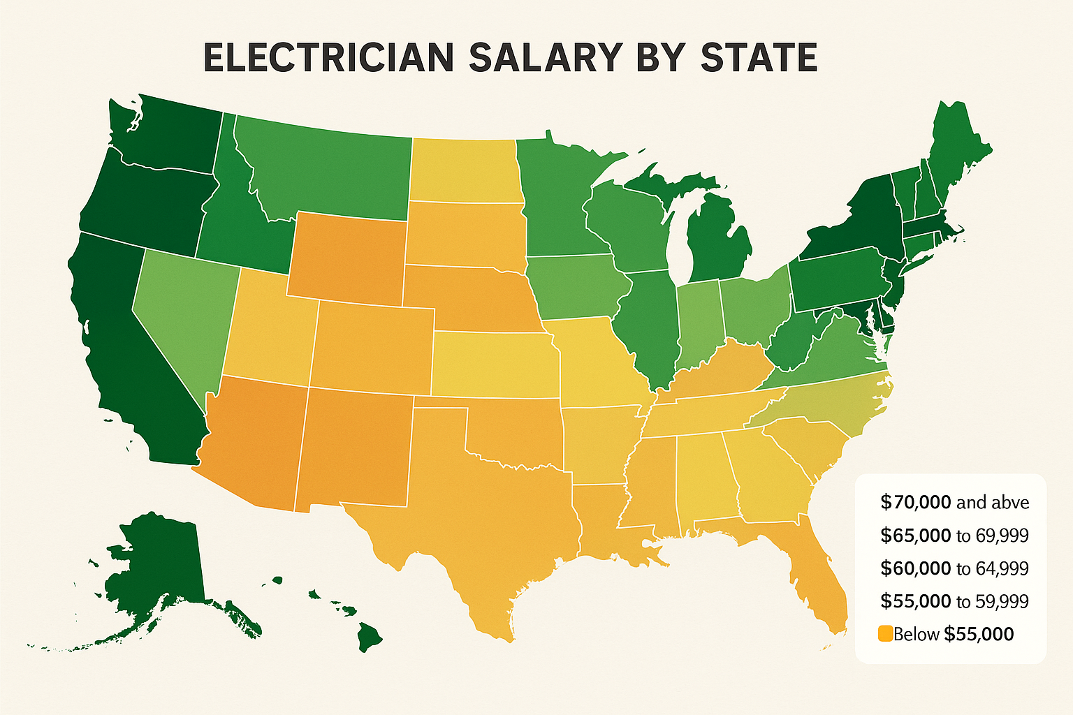 Geographic salary comparison map for electricians