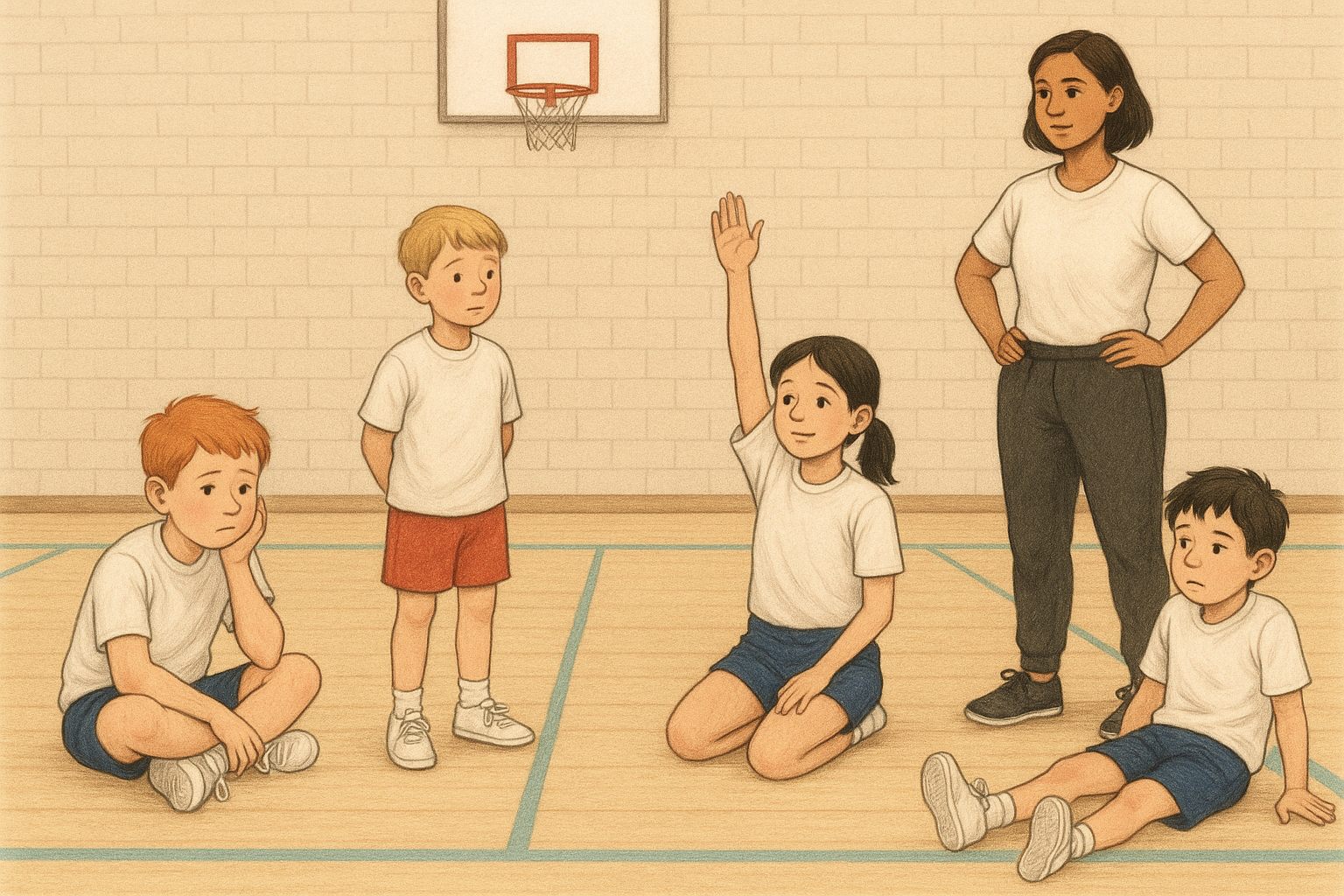 PE teacher working with diverse group of students