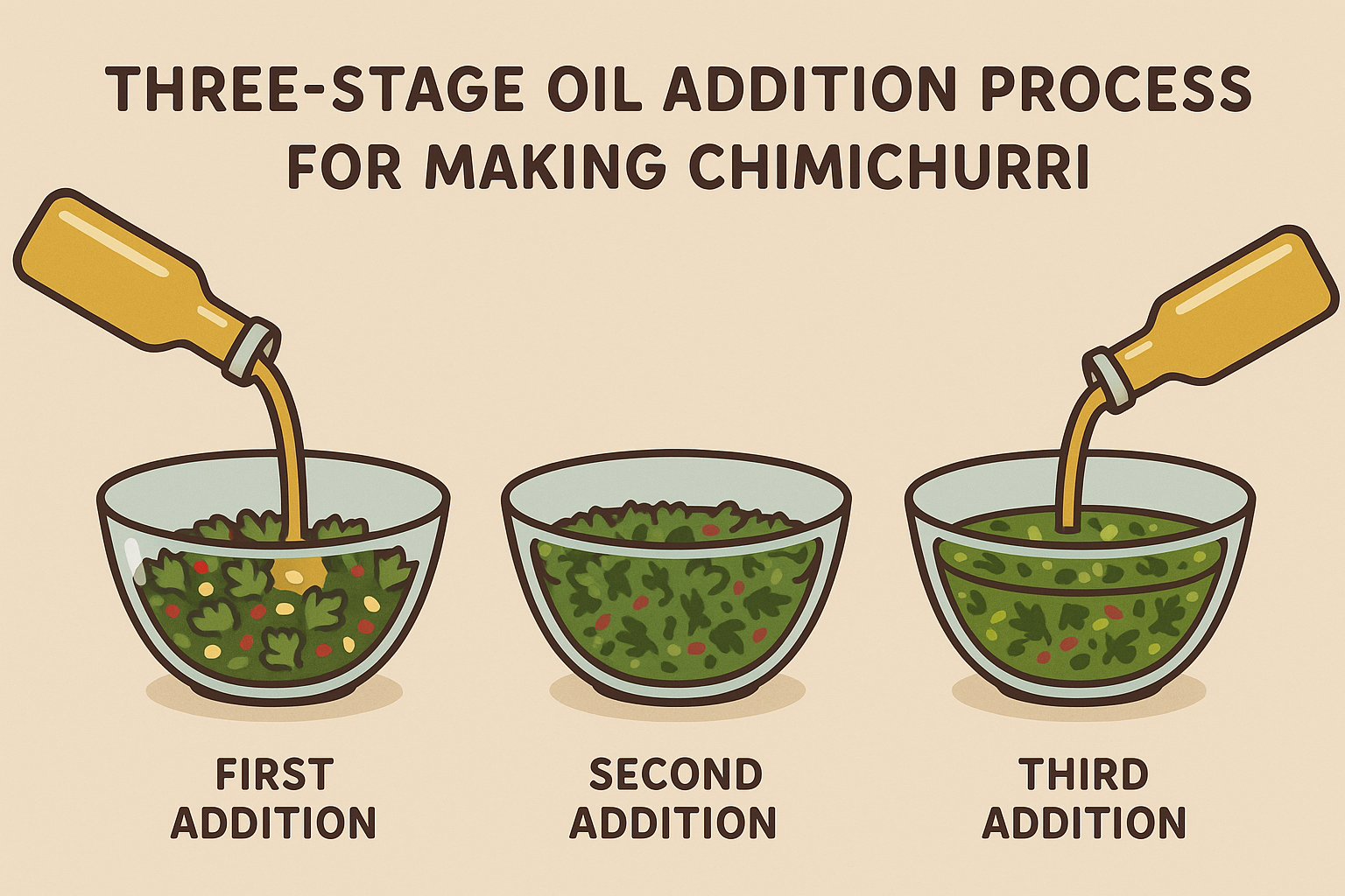 Three-stage oil addition method for chimichurri