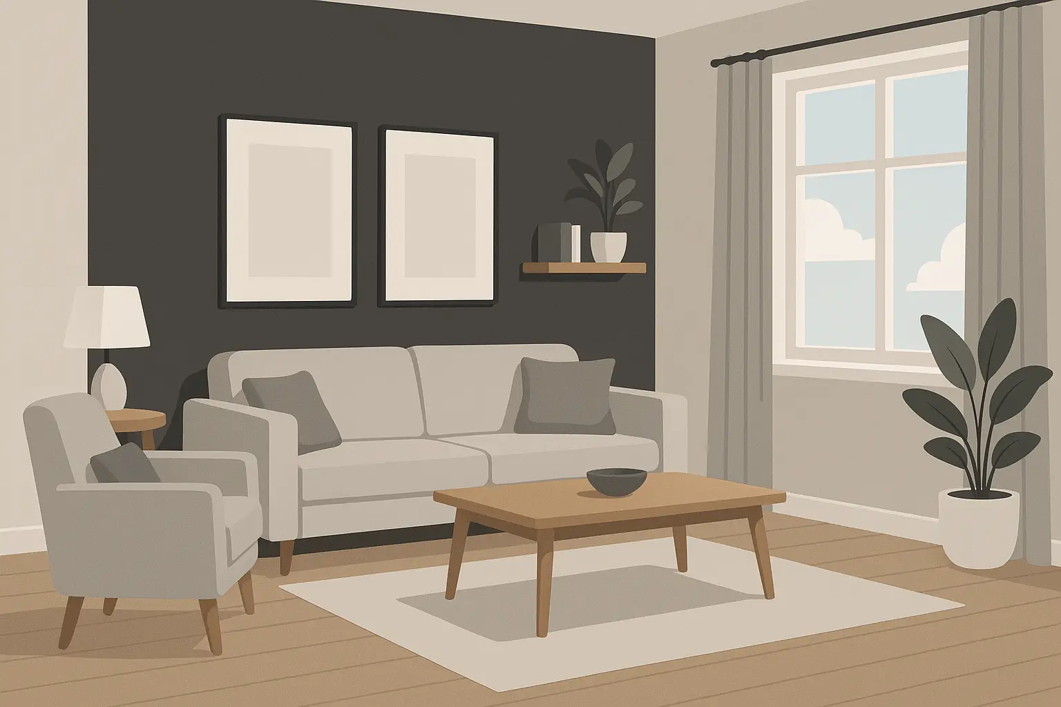 Modern grey living room with sophisticated design elements