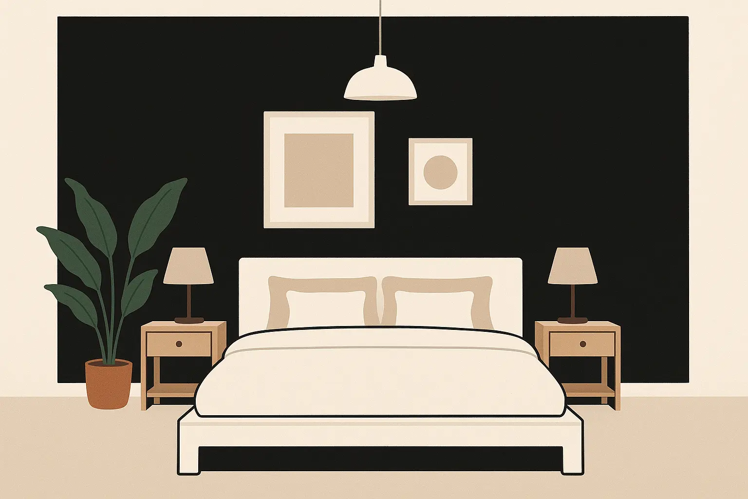 Matte black accent wall behind bed