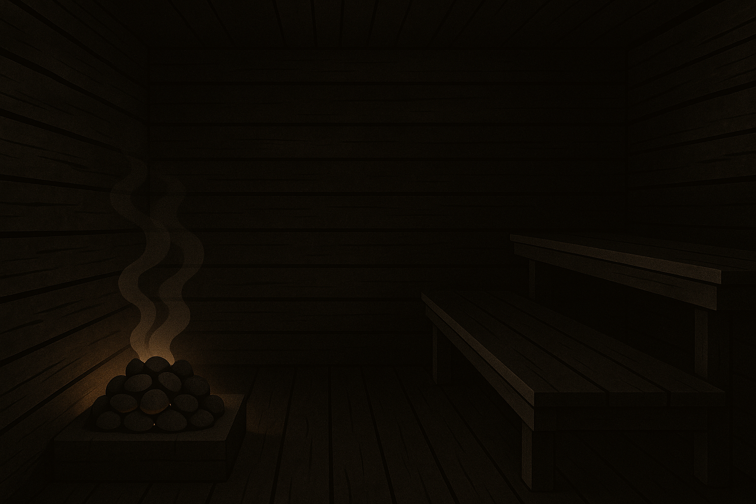 Traditional Finnish smoke sauna with blackened wooden interior