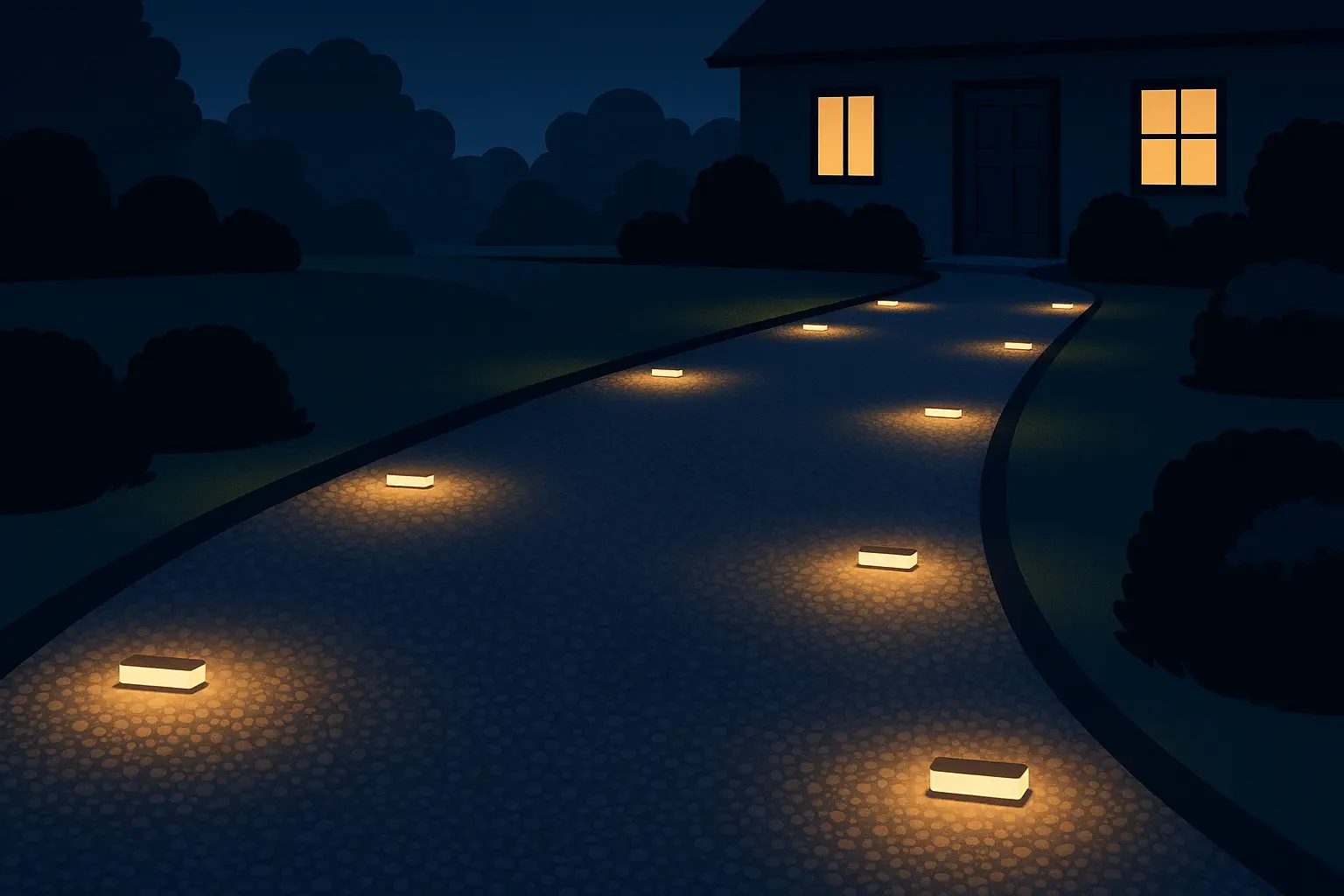 Modern gravel driveway with LED lighting