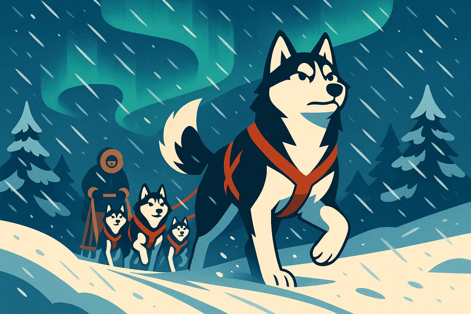 Balto leading dog sled team through snow