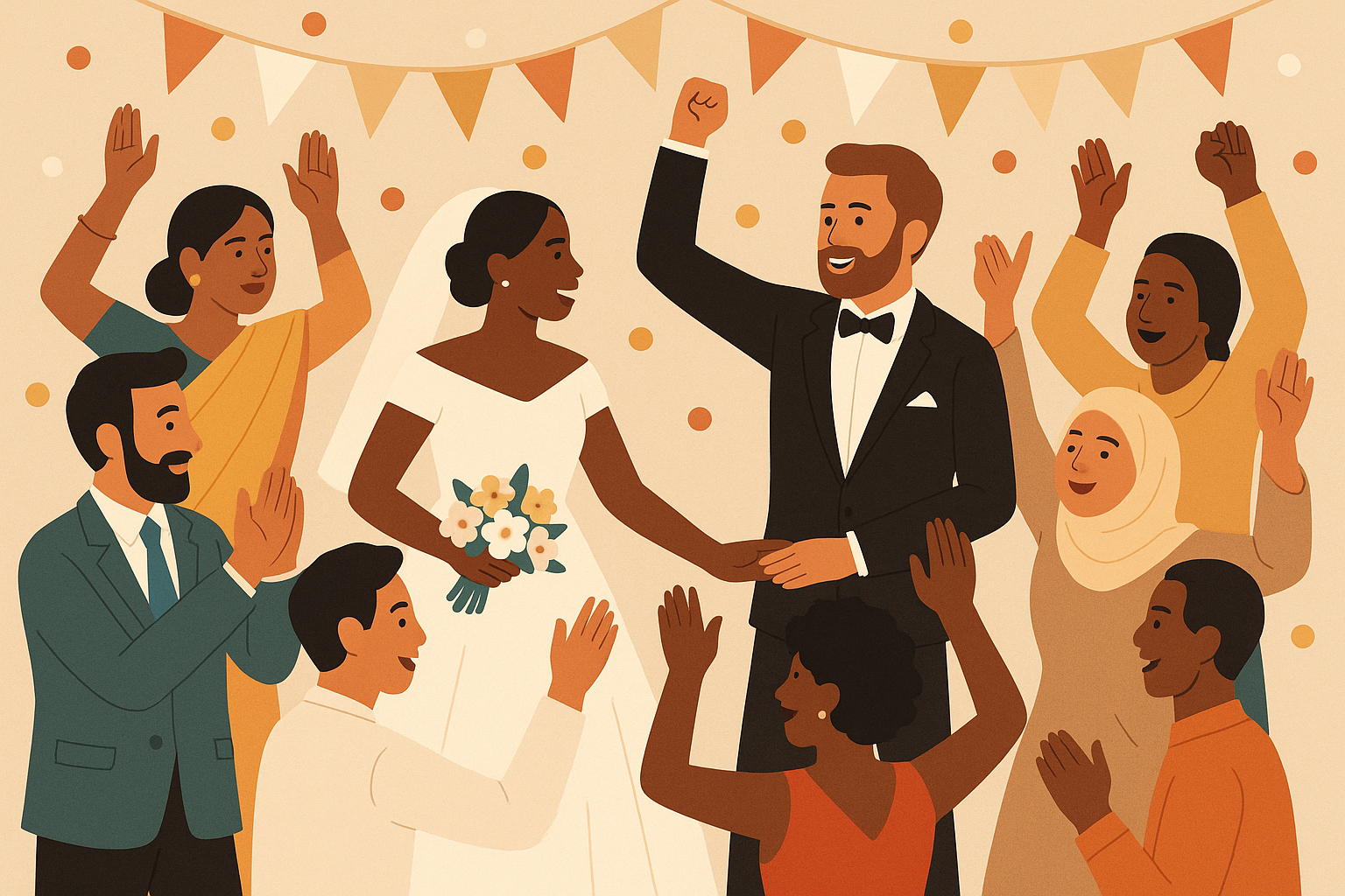 Diverse wedding guests celebrating together