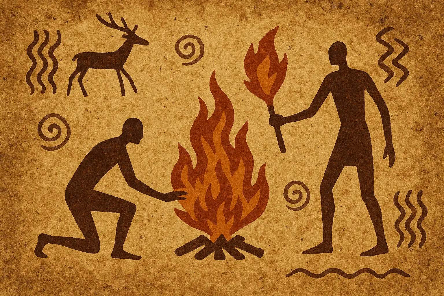 Ancient scene of humans discovering fire