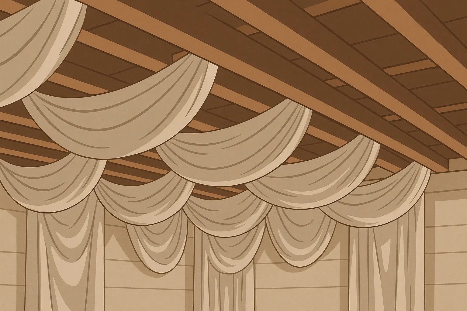 Draped fabric ceiling treatment