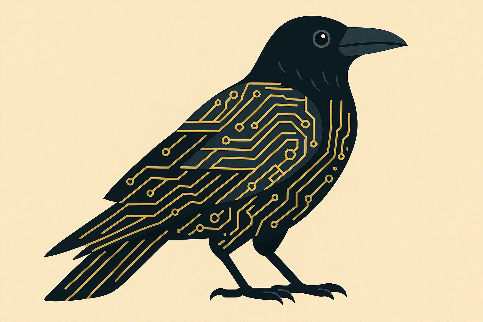 Futuristic crow tattoo design blending shamanic and technological elements