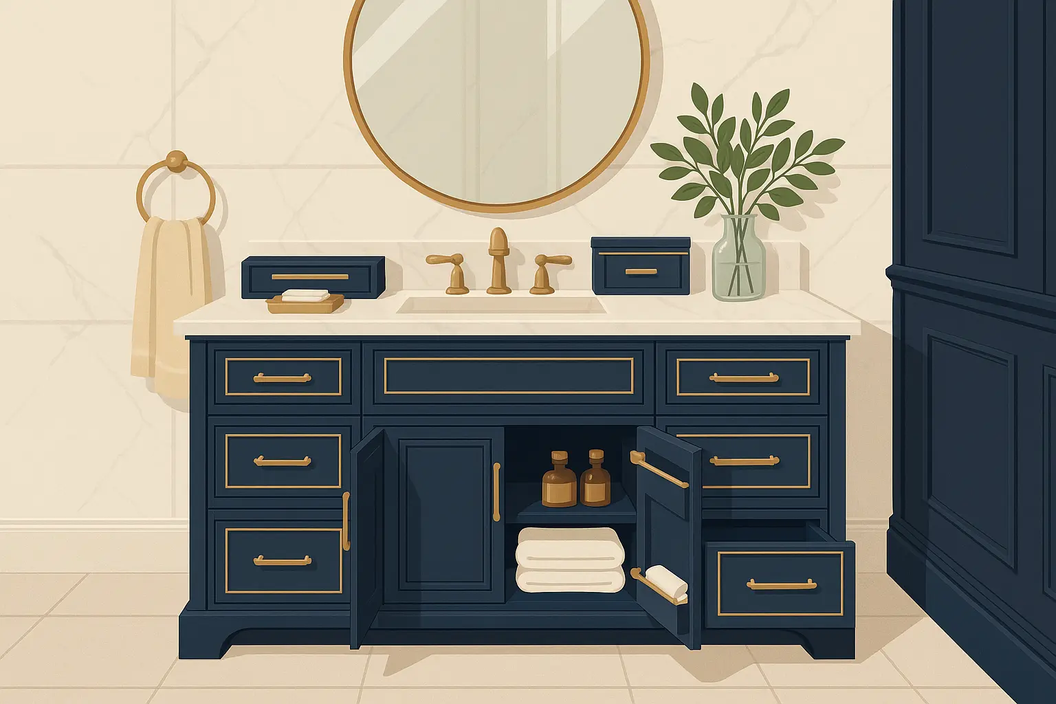 Custom Navy Blue Vanity with Hidden Storage