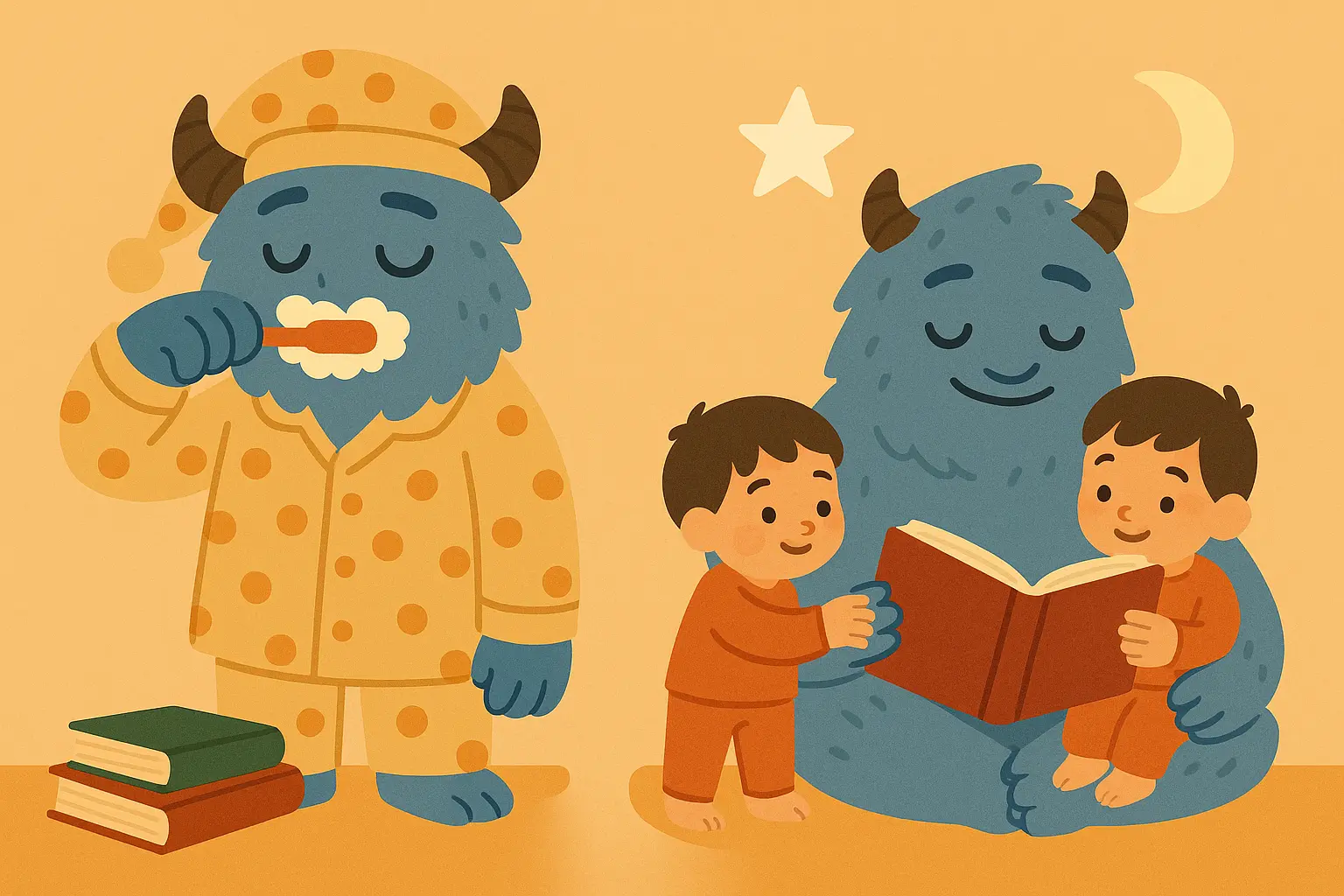 Child helping monster with bedtime routine