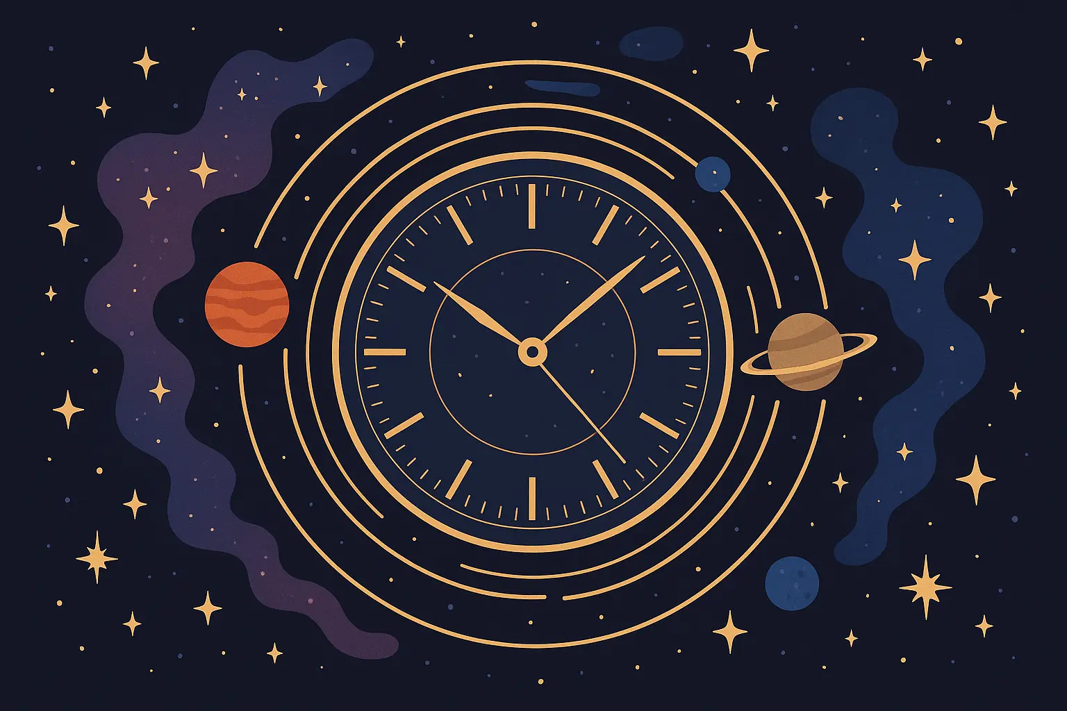 Galaxy space clock tattoo with cosmic elements and stars