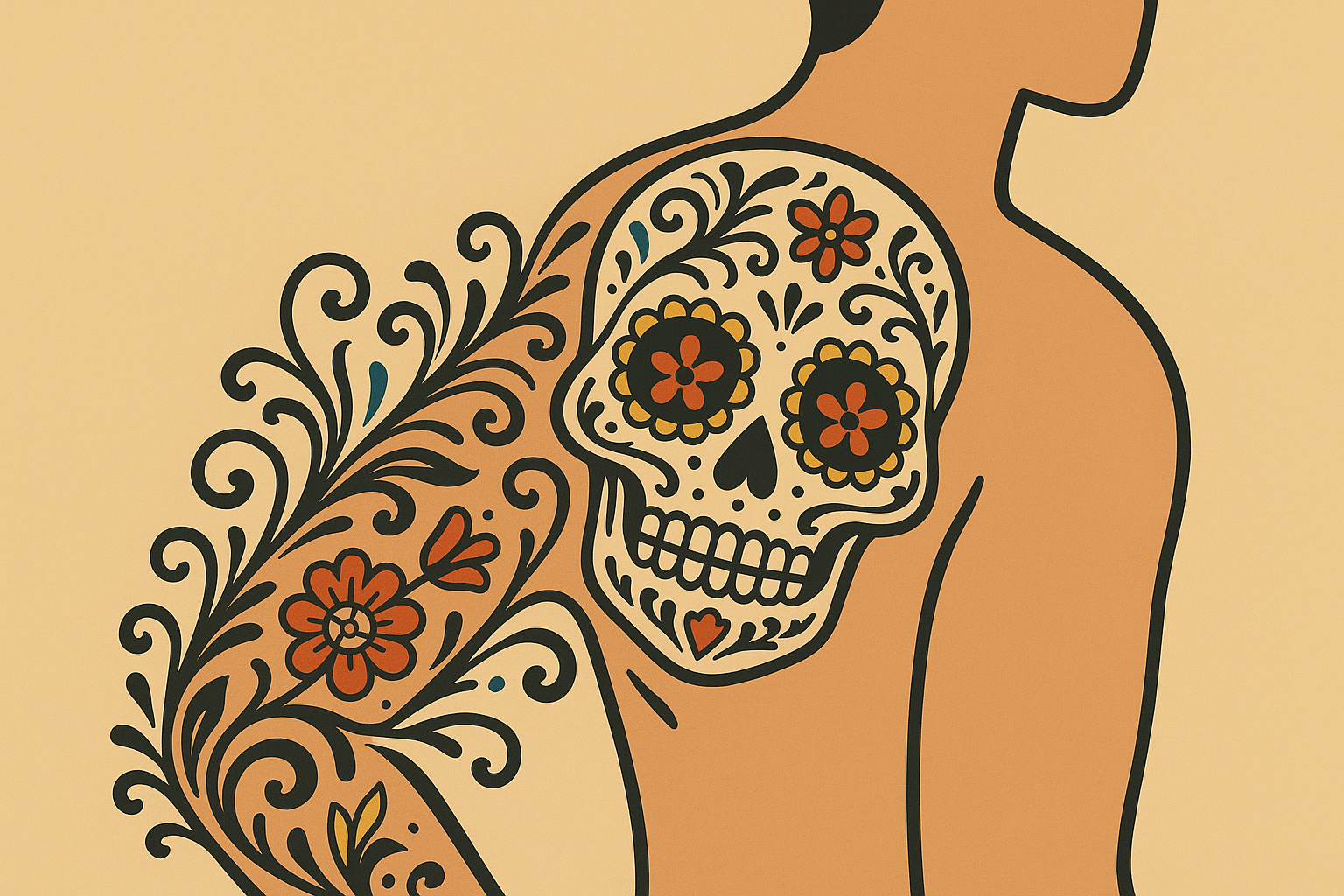 Shoulder to arm flow sugar skull tattoo