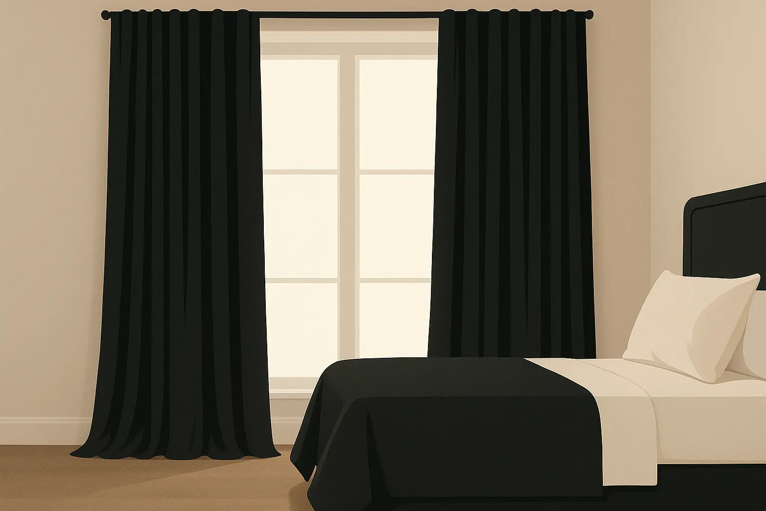 Black curtains in elegant bedroom