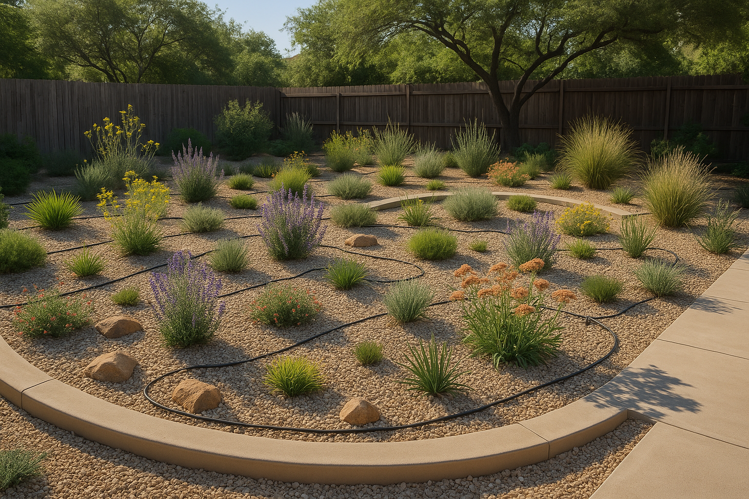 Sustainable xeriscaped garden in former pool area