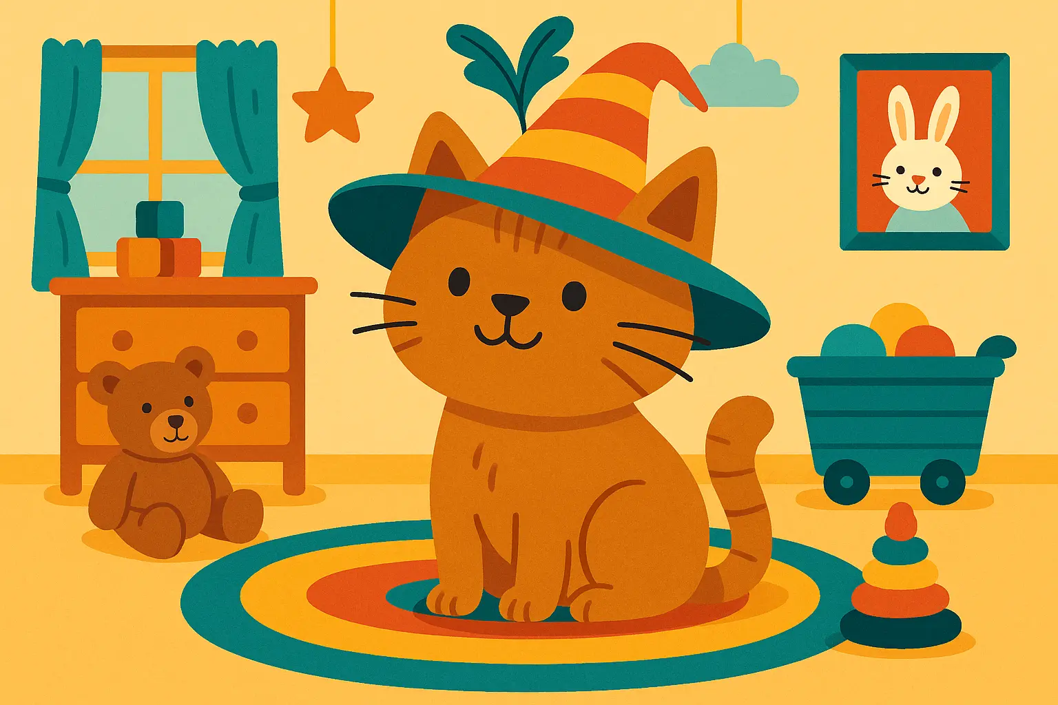 Whimsical cat character entertaining children with colorful hat