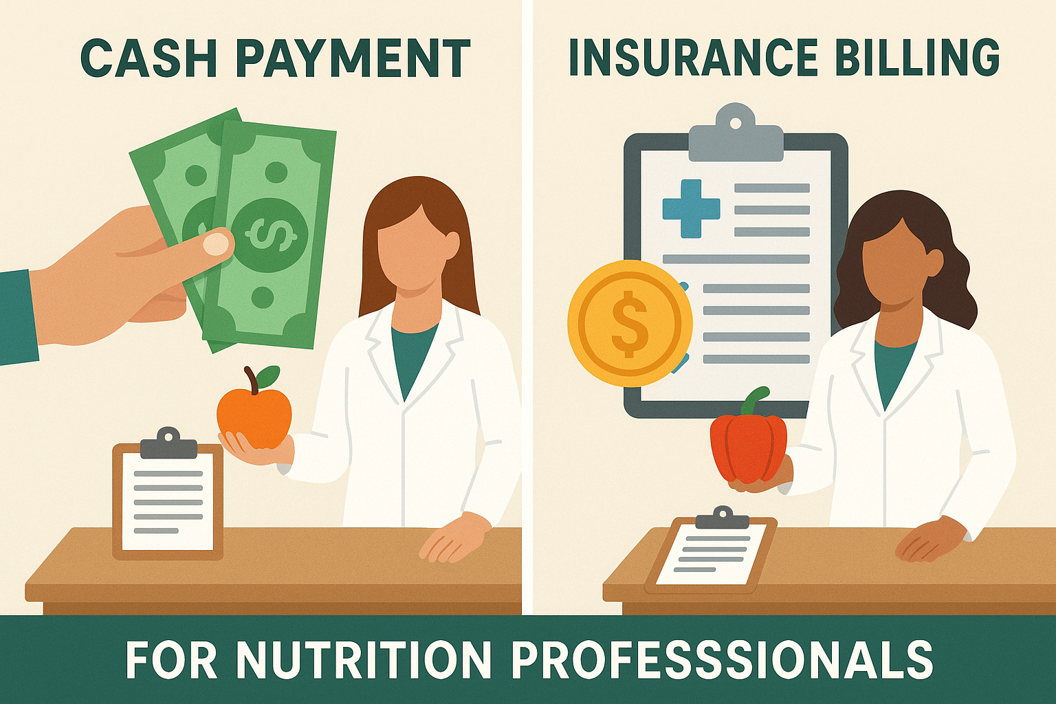Split screen showing cash payment vs insurance billing for nutrition services