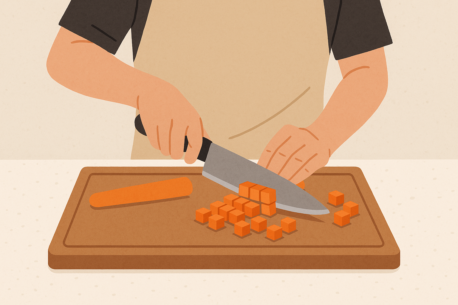 Precise knife cuts for cowboy caviar ingredients