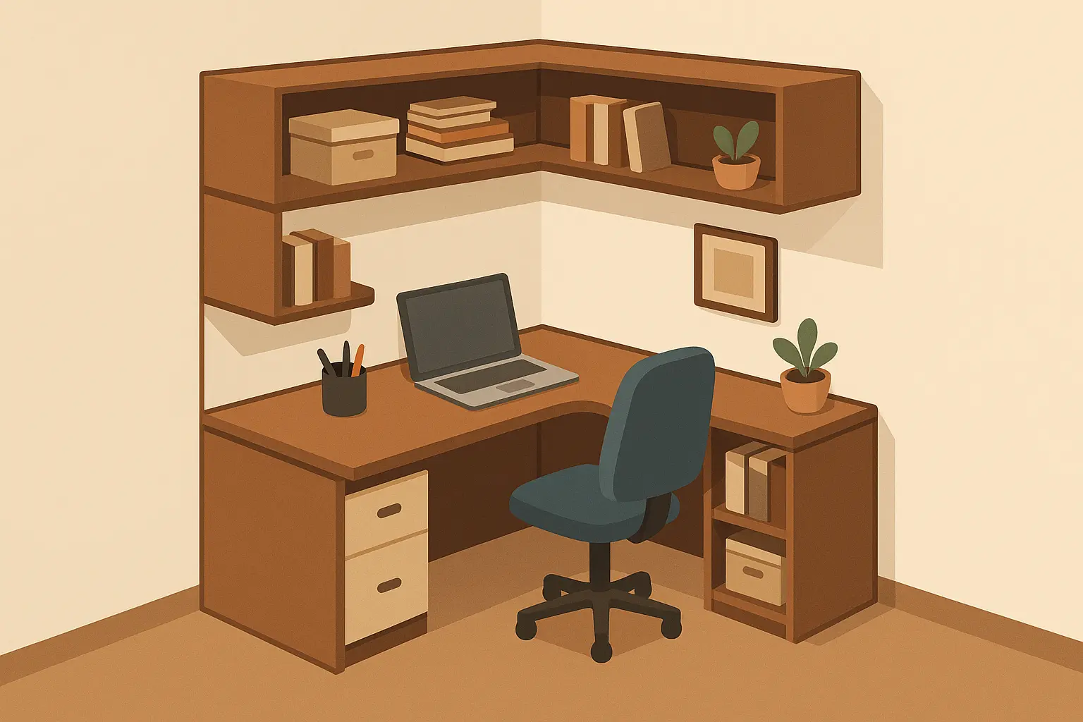 Multi-functional corner desk with integrated shelving