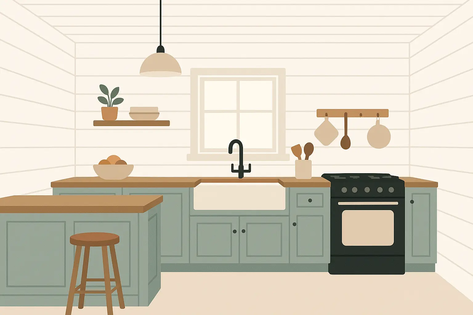 Classic white horizontal shiplap ceiling in bright farmhouse kitchen