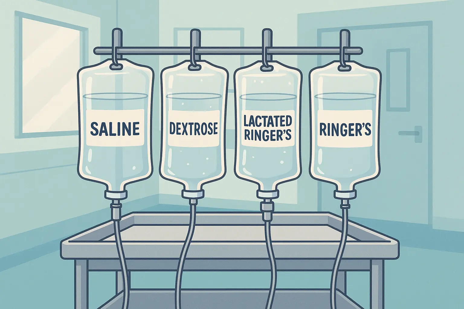 Medical IV bags showing different crystalloid solutions