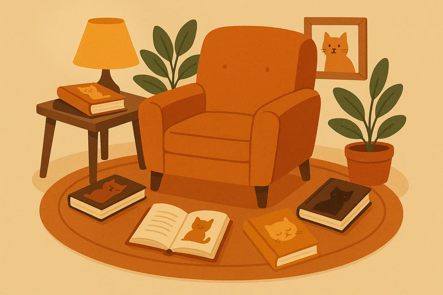 Cat reading a book in cozy library setting