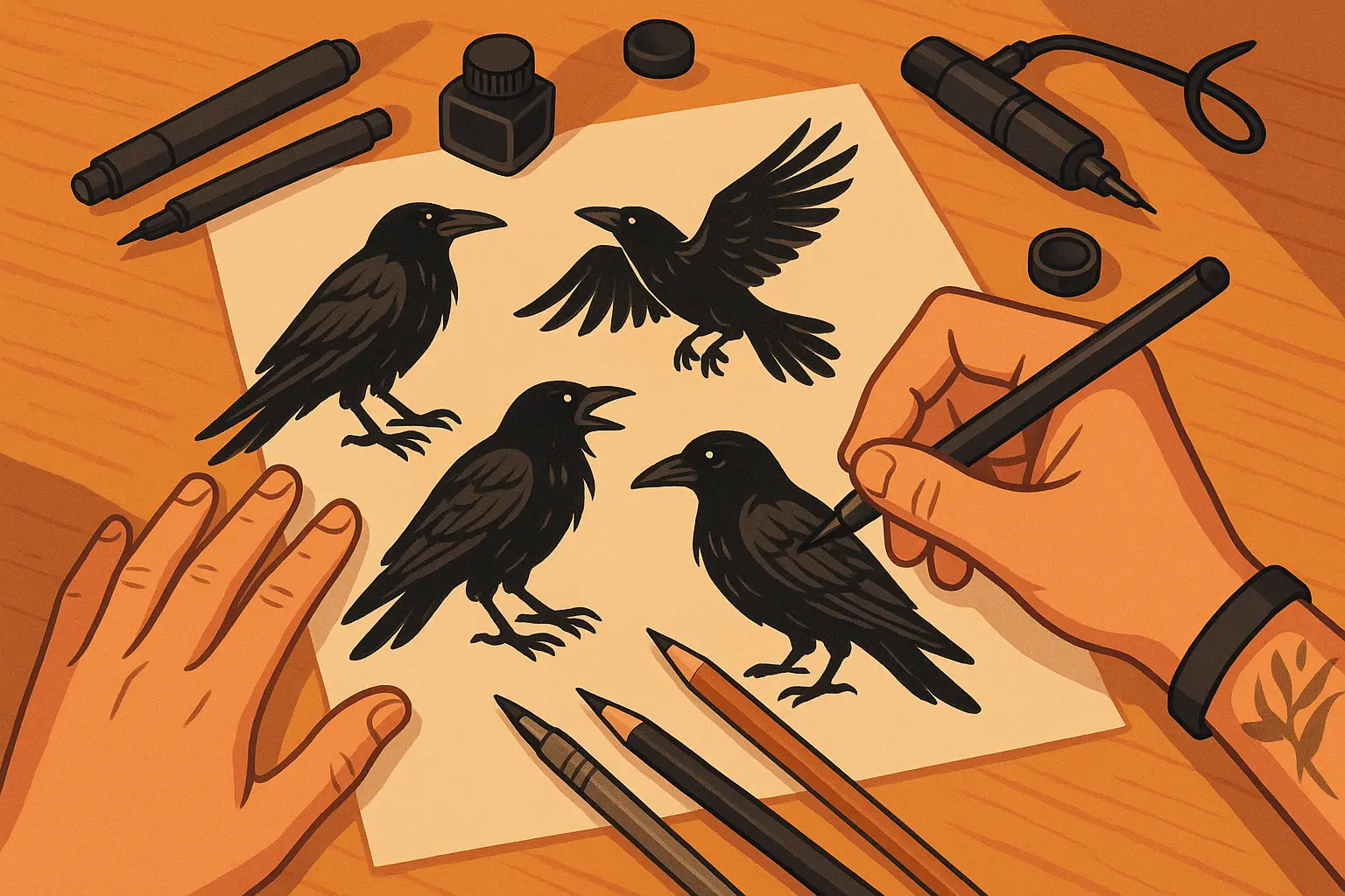 Raven tattoo design process sketches