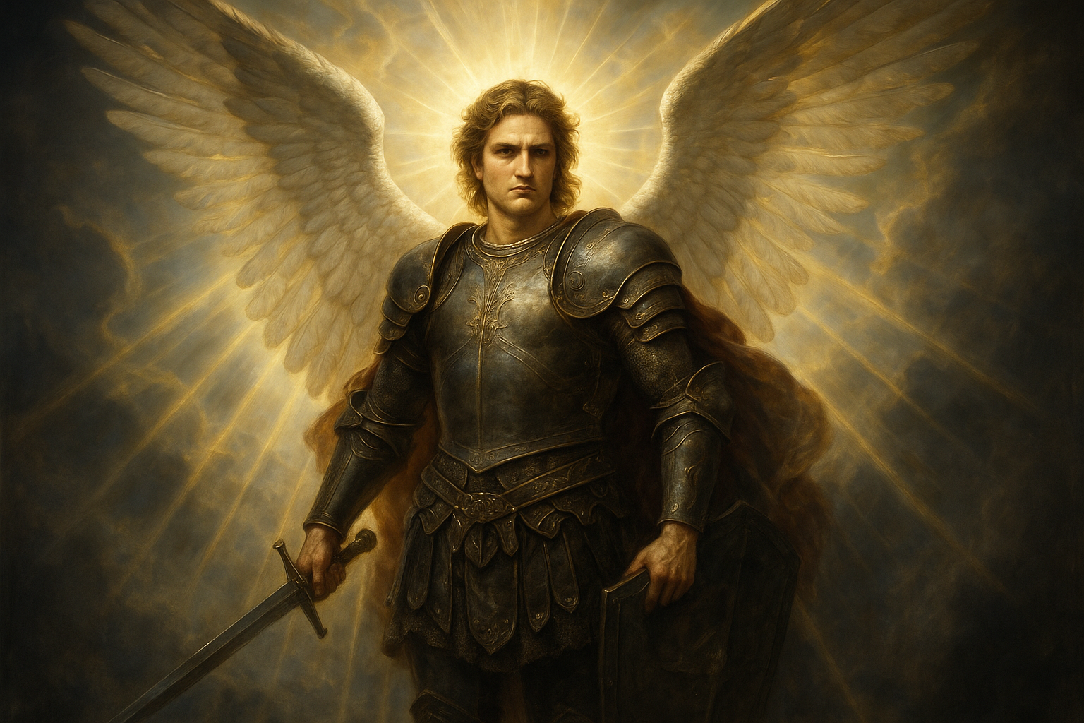 Photorealistic Archangel Michael battle tattoo